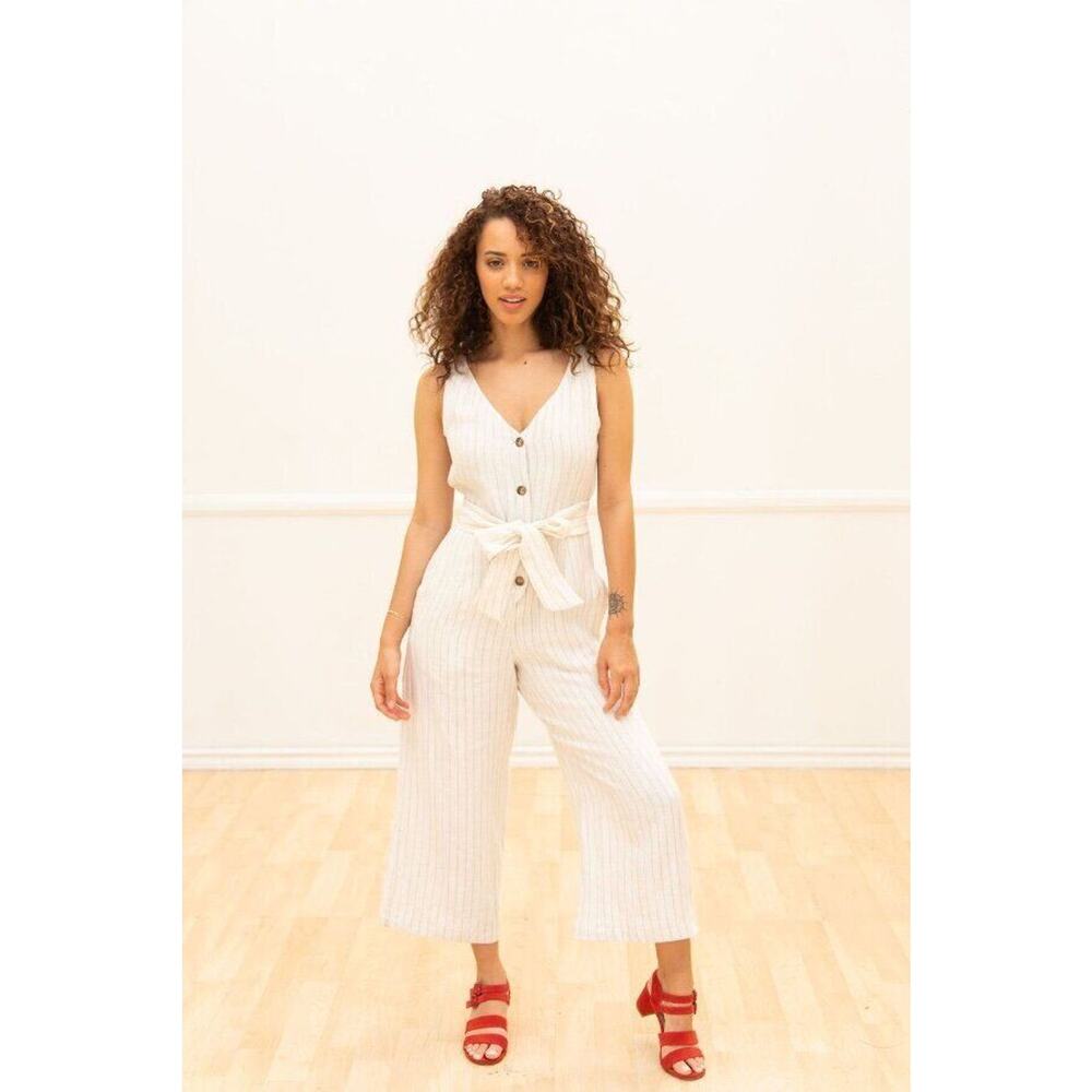 SOTELA Sz 3 L Large Flor Stripe Linen Jumpsuit Crop Wide Leg Belt